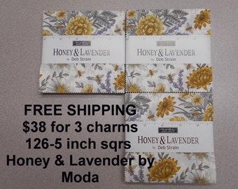 Honey & Lavender Floral THREE 5" Charm Packs 126 squares Total -FREE shipping-   100% Cotton NEW By Moda by Deb Strain