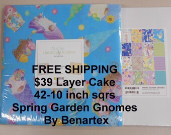 Easter Spring Garden Gnomes 10"x 10" -42 Squares per Layer Cake FREE shipping-   100% Cotton NEW Benartex Easter Eggs