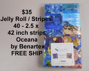 Oceana Fish Sea Life Strips Jelly Roll  2.5" x 42"- 40 strips  -FREE Ship-   100% Cotton NEW Benartex Fabric