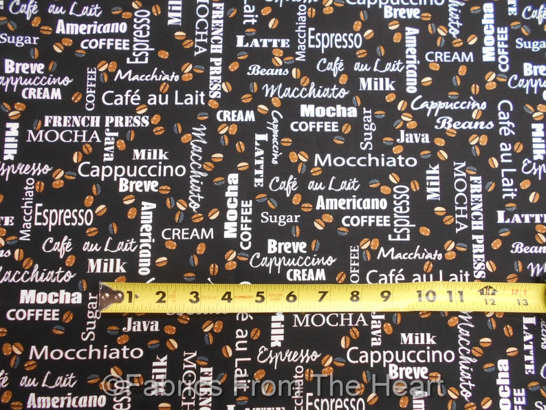 Coffee House Words Espresso Mocha Java on Tan BY YARDS Henry Glass Cotton Fabric