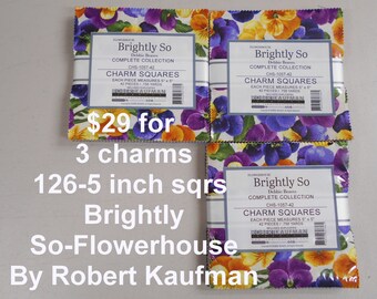 Brightly So - Flowerhouse by Robert Kaufman THREE 5" Charm Packs 126 squares Total, 100% Cotton NEW Fabric