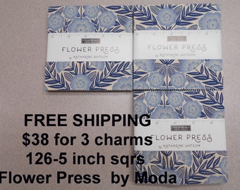 Flower Press Floral THREE 5" Charm Packs 126 squares Total -FREE shipping-   100% Cotton NEW By Moda by Katharine Watson