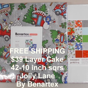 Jolly Lane Christmas Red Trucks Trees  10&quot;x 10&quot; -42 Squares per Layer Cake FREE shipping-   100% Cotton NEW Benartex Fabric