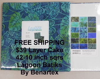 Lagoon Balis Batiks Leaves 10"x 10" -42 Squares per Layer Cake FREE shipping-   100% Cotton NEW Benartex Fabric