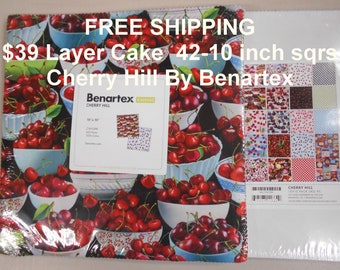 Cherry Hill Kirschen Obst 10 "x 10" - 42 Quadrate pro Layer Cake KOSTENLOSER Versand - 100% Baumwolle NEU Benartex,