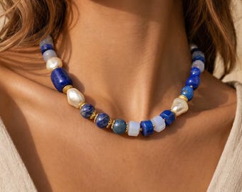 Chunky Lapis Lazuli Necklace: Aquamarine, Mother of Pearl, 24k Gold-Plated