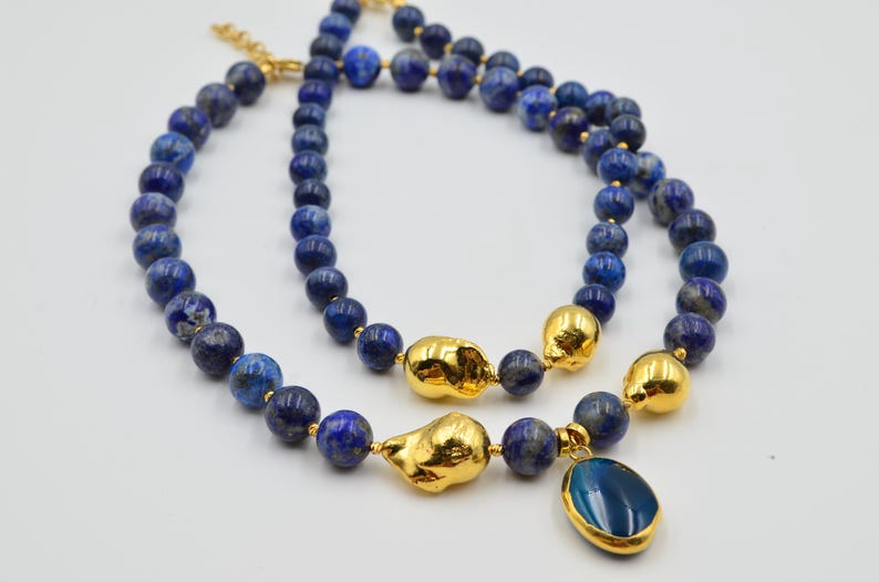Blue necklace, lapis lazuli, lapis lazuli neclace, baroque pearl, anniversary gift, birthday gift, gold plated pearl, lapis lazuli stone, beaded necklace, lapis lazuli jewelery, dark blue jewelry, gemstone necklace, gemstone beads