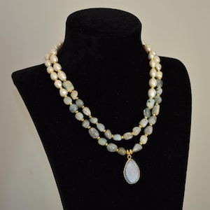 Aquamarine Halskette, Natürliche Perle Schmuck Jahrestag, Geschenk für Frauen, Hellblau Statement Halskette für Sie, Geburtstagsgeschenk