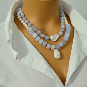 Aquamarine and Baroque Pearl Necklace Set: Layered Gemstone Jewelry