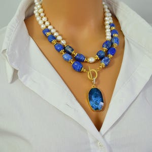 Lapis Lazuli Necklace, Freshwater Pearl, Handmade Deep Blue Gemstone Jewelry for Her, Statement Layered Pendant Necklace