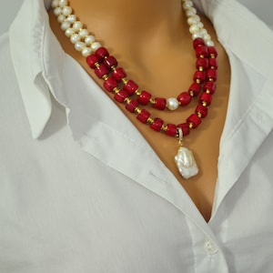 Red Coral and Pearl Necklace Set: Baroque Pearl Pendant