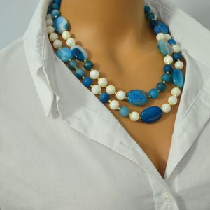 Handmade Blue Agate Necklace: Mother of Pearl Gemstone Jewelry