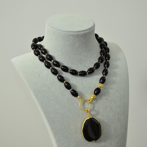 Long Onyx Necklace: 24K Gold-Plated Beaded Gemstone Jewelry