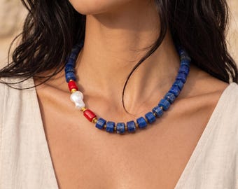 Natural Lapis Lazuli Necklace, Red Coral & Baroque Pearl,  Handmade Beaded Jewelry