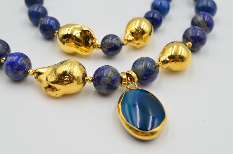 Blue necklace, lapis lazuli, lapis lazuli neclace, baroque pearl, anniversary gift, birthday gift, gold plated pearl, lapis lazuli stone, beaded necklace, lapis lazuli jewelery, dark blue jewelry, gemstone necklace, gemstone beads