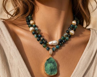 Green Agate Statement Necklace: Baroque Pearl Gemstone Jewelry
