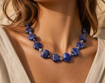Handmade Lapis Lazuli Necklace: Natural Stone Statement Jewelry for Everyday & Special Occasions