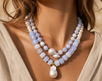 Chunky Aquamarine Necklace with Baroque Pearls with Pearl Pendant
