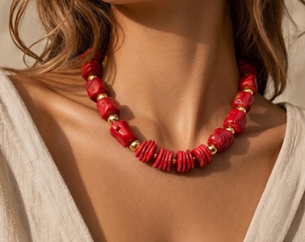 Red Coral Beaded Necklace with  Red Turquoise