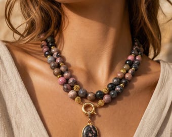 Rhodonite Layered Necklace Set | Pink Gemstone Statement Jewelry