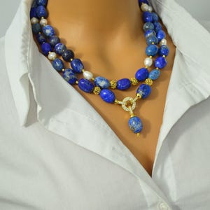 Lapis Lazuli Necklace, Lapis Lazuli with Freshwater Pearl,Gemstone Jewelry for Her, Handmade Gemstone Deep Blue Statement Necklace