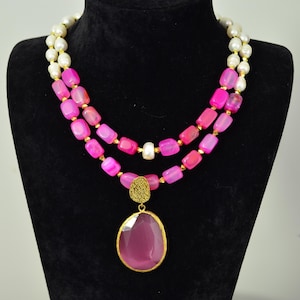 Pink Agate & Freshwater Pearl Necklace Set: 24K Gold Pendant