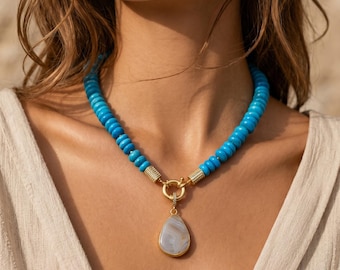Blue Turquoise Rondelle Necklace | Handmade Gemstone Jewelry
