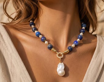 Lapis Lazuli Necklace with Freshwater Pearl