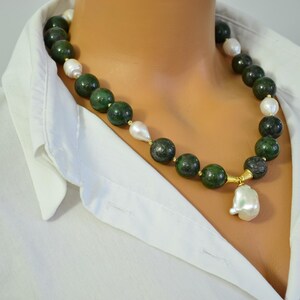 Green Lapis Lazuli & Baroque Pearl Necklace: 24k Gold Plated Statement Jewelry