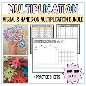 May include: A visual multiplication bundle for 2nd-3rd grade. The image shows multiplication tables, practice sheets, and flower-shaped manipulatives with numbers. The text on the image says "Multiplication", "Visual & Hands-on Multiplication Bundle", and "Practice Sheets".