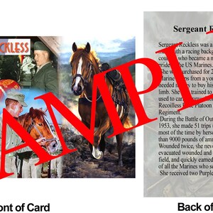 May include: A card with a photo of a brown horse named Sergeant Reckless, a war hero who served in the US Marines. The back of the card has a biography of the horse, describing her service during the Korean War. The card has the text "SGT. RECKLESS" on the front.