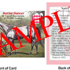 May include: A vintage trading card featuring a gray and white horse named Native Dancer. The card is from the 1950s and features a photo of the horse on the front and information about the horse's racing career on the back.