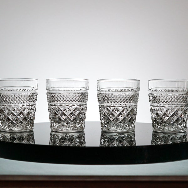 Mid Century Modern Pressed Glass Tumbler - Double Old Fashioned Rocks Glasses Set of 4