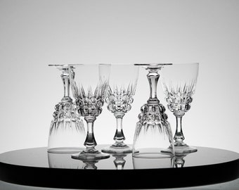Vintage Crystal Wine Glasses - Set of 5 - Waffle Cut - Gold Rims