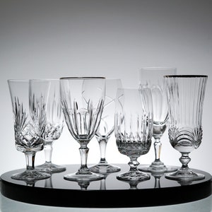 Mismatched Vintage Crystal Glass Set Platinum / gold rim- Holiday Party / Heavy Crystal Wine Water Ice Tea Glasses VTG Bar Decor Set of 7