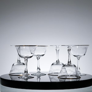 Vintage lace etched crystal champagne coupe with gold rims , set of 6, vintage glasses vintage cocktail, boho wedding glasses, etched glass