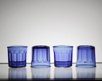 Conjunto de cristalería vintage de 4, cristalería azul vidrio francés, vasos de cóctel de agua VTG Tumbler Rocks