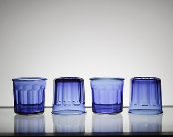 Vintage Glassware Set of 4, Blue Glassware French Glass, VTG Tumbler Rocks Water Cocktail Glasses