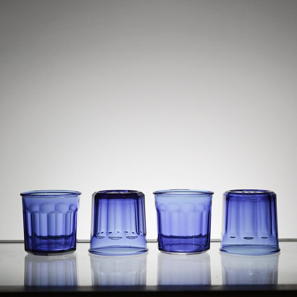 Vintage Glassware Set of 4, Blue Glassware French Glass, VTG Tumbler Rocks Water Cocktail Glasses