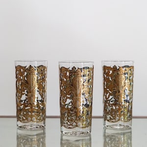 High Balls, 22k Gold fleur de leif  set of 3, Vintage Glassware VTG Bar, Mid Century  MCM Vintage Glassware