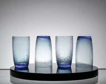 Vintage Textured Blue glass set of  4, whiskey tumbler glasses, cocktail glass, scotch glass , lowball glass barware, retro barware