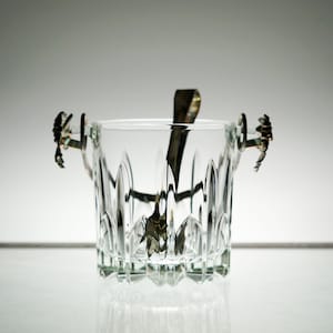 Vintage Ice Bucket VTG Glass Ice Bucket with Grape Silver Plated Handle and Tongs Holiday Party Ice Bucket  Vintage Glassware