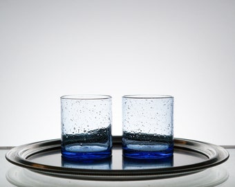 Vintage Glassware, Large Blue Hand Blown Glass Set of 2, VTG Tumbler Rocks Water Cocktail Glasses