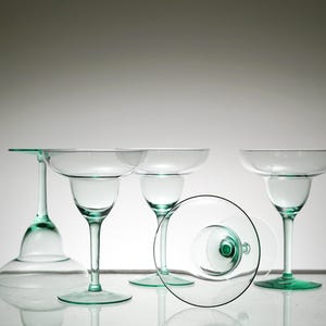 Vintage Martini Glasses, Thin Sea glass color, Glassware, Hand Blown Margarita Glasses, Mad Men Vtg Bar Cart, Handmade Glass Set of 5