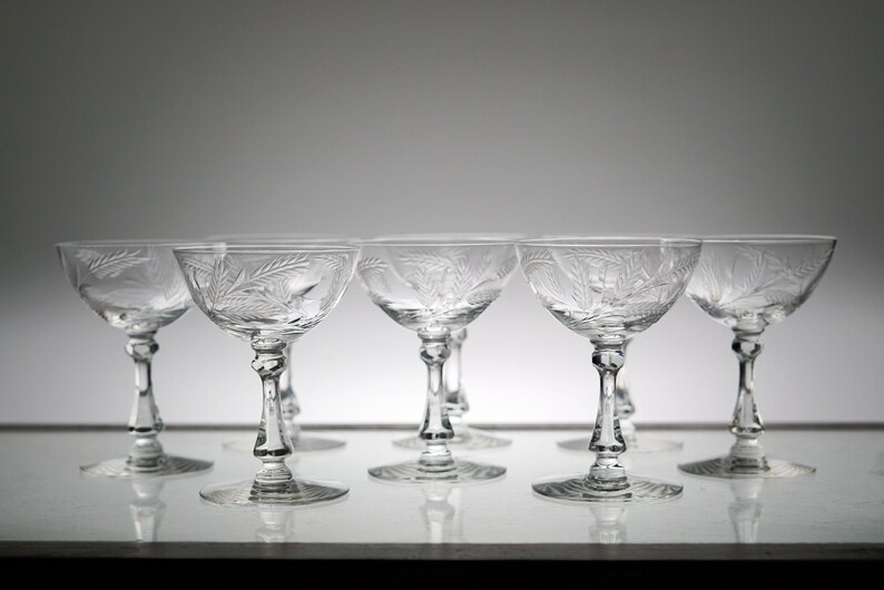 Vintage Glass Set of 7, Crystal Stemware, Etched Glass Set With Wheat
