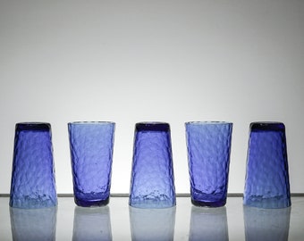 Vintage Textured Blue glass set of  5, whiskey tumbler glasses, cocktail glass, scotch glass , lowball glass barware, retro barware