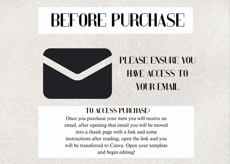 K&ouml;nnte beinhalten: Grafik mit dem Text &bdquo;VOR DEM KAUF&ldquo; und Anweisungen zum Zugriff auf einen Kauf. Ein schwarzes Umschlag-Symbol ist abgebildet. Der Text weist Benutzer an, sicherzustellen, dass sie E-Mail-Zugriff haben, und erkl&auml;rt den Vorgang nach dem Kauf.