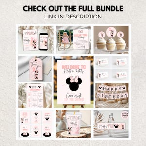 K&ouml;nnte beinhalten: Eine Sammlung von Partyzubeh&ouml;r mit Minnie Mouse-Motiv. Enth&auml;lt Einladungen, Cupcake-Topper, ein Willkommensschild, Meilensteinkarten, Geschenkanh&auml;nger und Flaschenetiketten. Das Farbschema ist rosa, schwarz und wei&szlig;, mit dem Text "CHECK OUT THE FULL BUNDLE LINK IN DESCRIPTION".