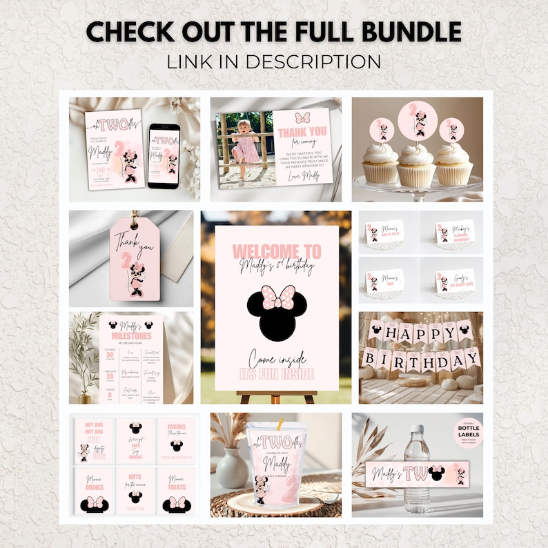 K&ouml;nnte beinhalten: Eine Sammlung von Partyzubeh&ouml;r mit Minnie Mouse-Motiv. Enth&auml;lt Einladungen, Cupcake-Topper, ein Willkommensschild, Meilensteinkarten, Geschenkanh&auml;nger und Flaschenetiketten. Das Farbschema ist rosa, schwarz und wei&szlig;, mit dem Text "CHECK OUT THE FULL BUNDLE LINK IN DESCRIPTION".