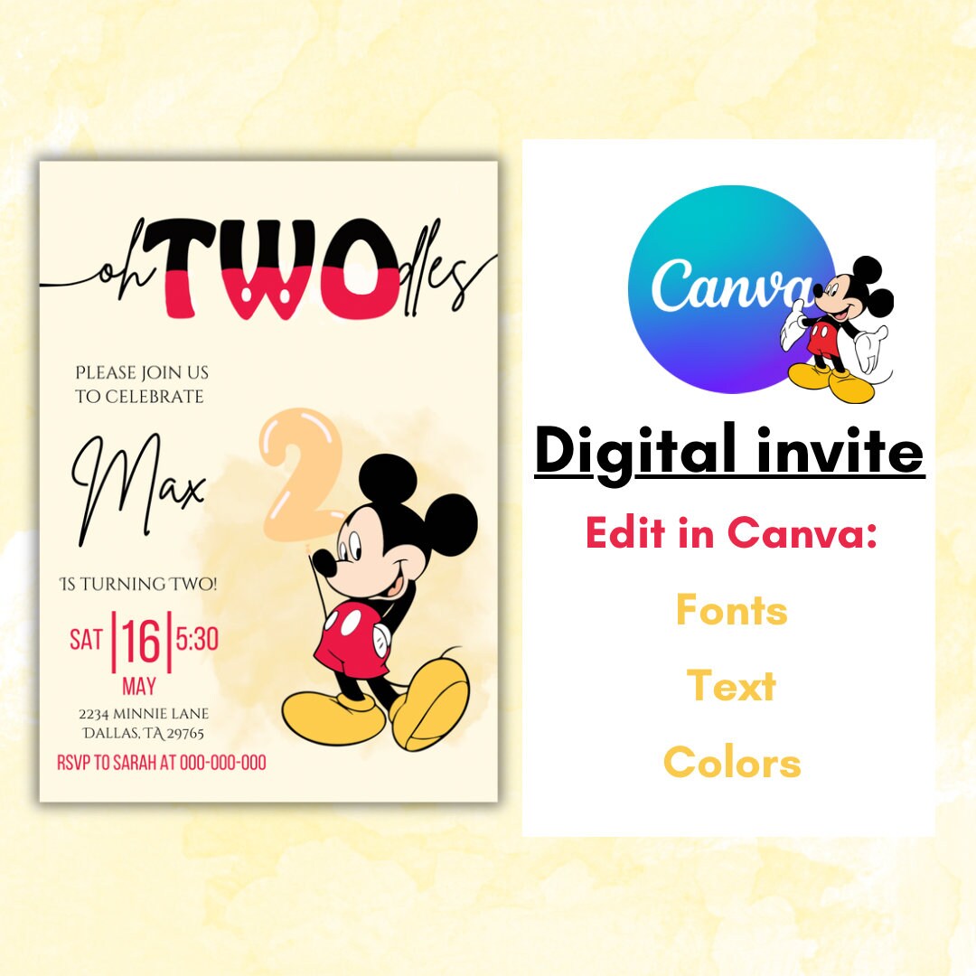 Oh Twodles Invitation Mickey Mouse Invite for Boys Second Birthday